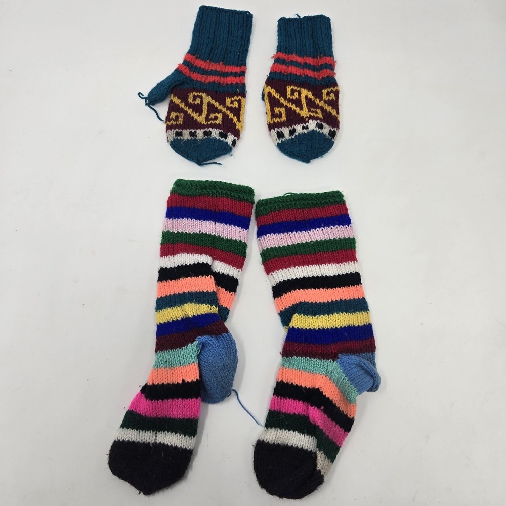 Vintage Peruvian Hand Knit Wool Mittens & Socks Set Geometric Striped Sm/Med
